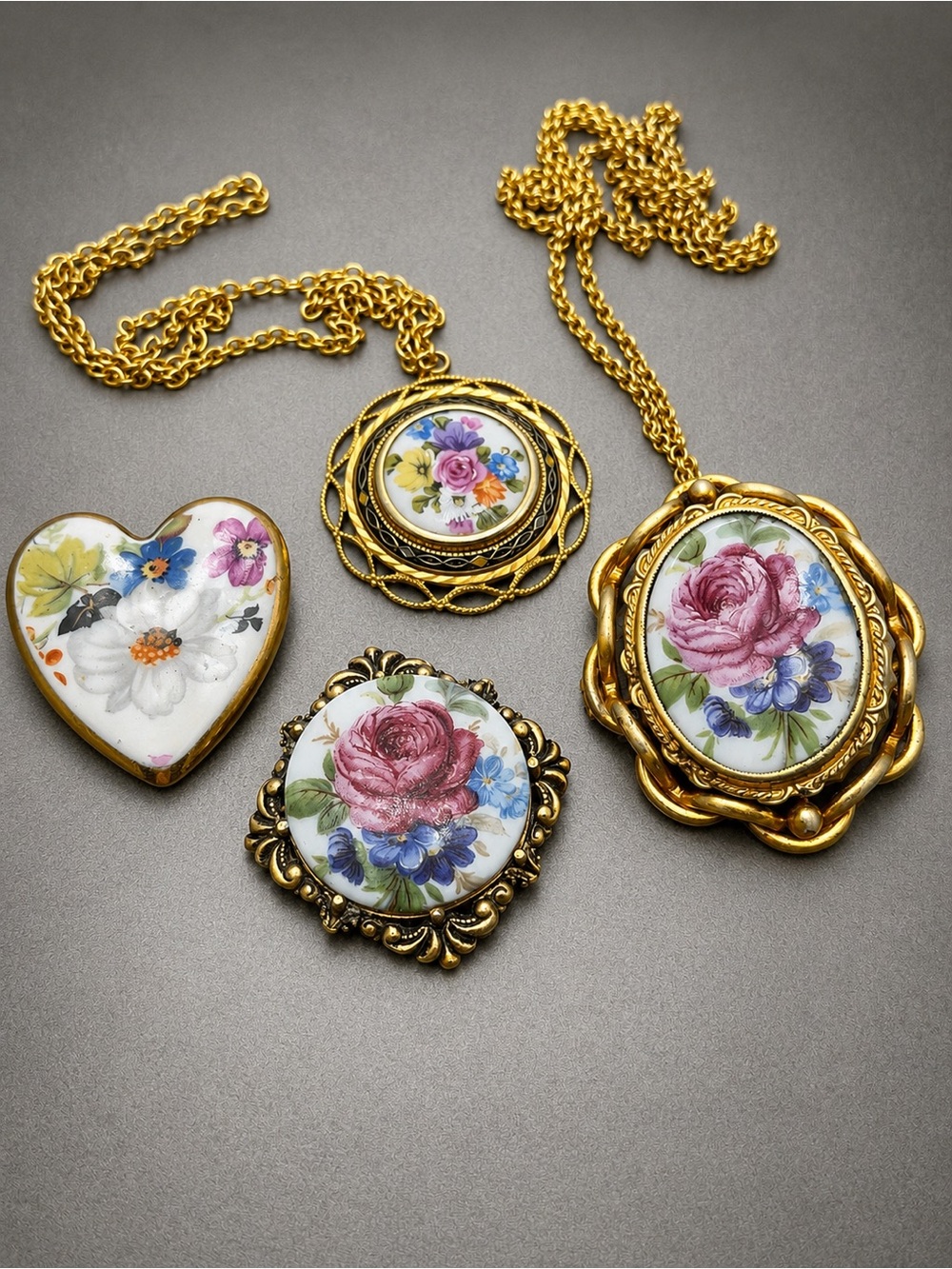Vintage Floral  Art Glass Brooches /Pendants Victorian Pinchbeck lot of 4
